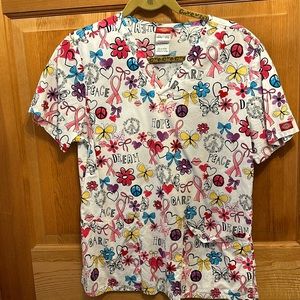Healthcare Woman Scrub Top Breast Cancer Ribbons